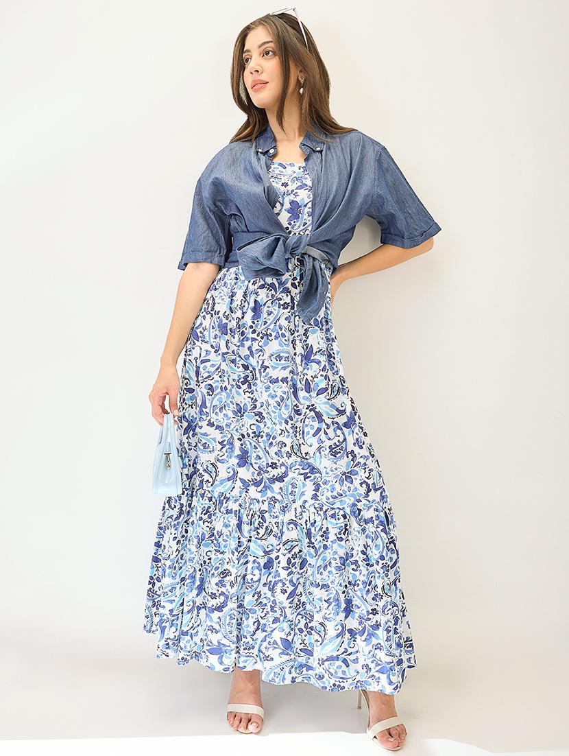 globus women blue paisley printed v-neck strappy sleeves tiered fit & flare maxi dress - 21767532 -  Zoom Image - 0