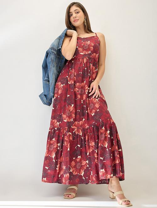 globus women blue floral printed v-neck strappy sleeves tiered fit & flare maxi dress - 21767533 - Standard Image - 0