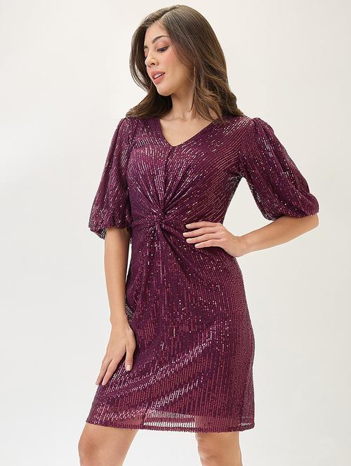 globus women burgundy v-neck puff sleeves twisted detail sequinned mini sheath party dress - 21767534 - Standard Image - 0