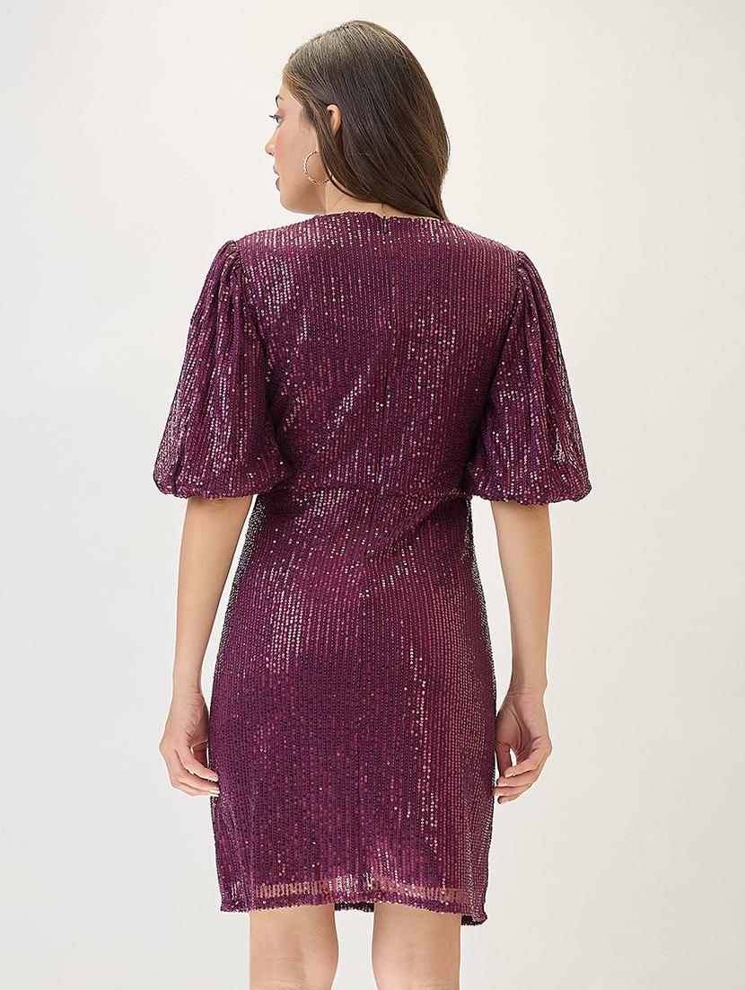 globus women burgundy v-neck puff sleeves twisted detail sequinned mini sheath party dress - 21767534 - Standard Image - 2