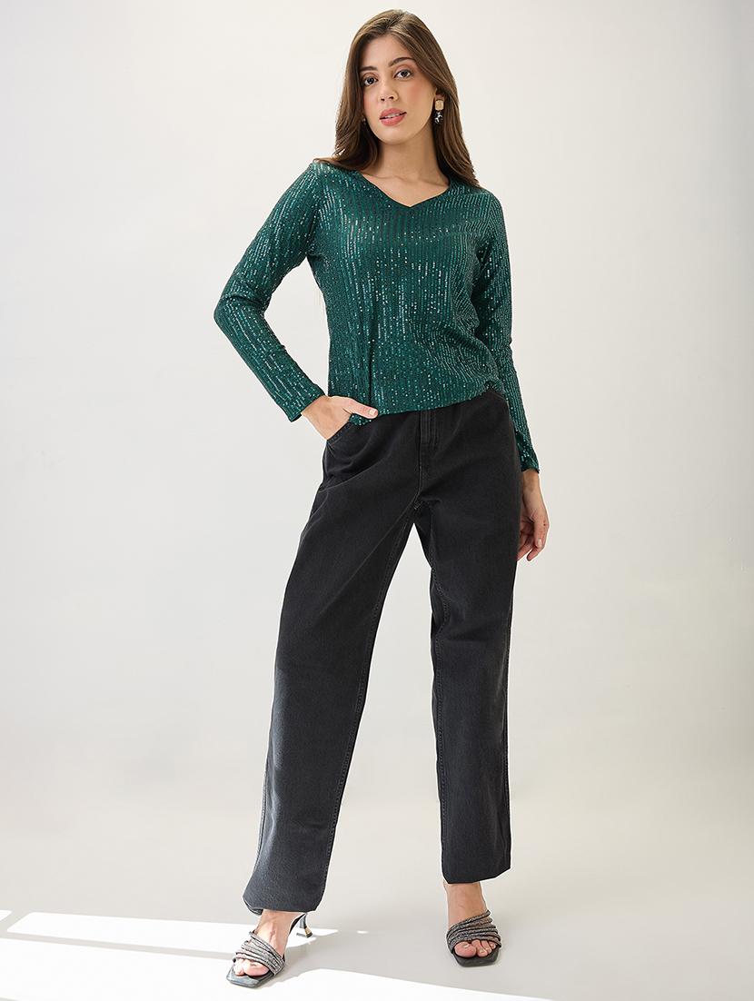 globus women green v-neck long sleeves embellished party top - 21767536 - Standard Image - 2