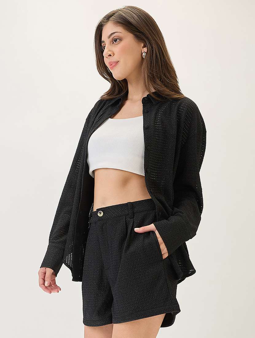 globus women black collared neck cuffed sleeves crochet shirt style top with shorts co-ords set