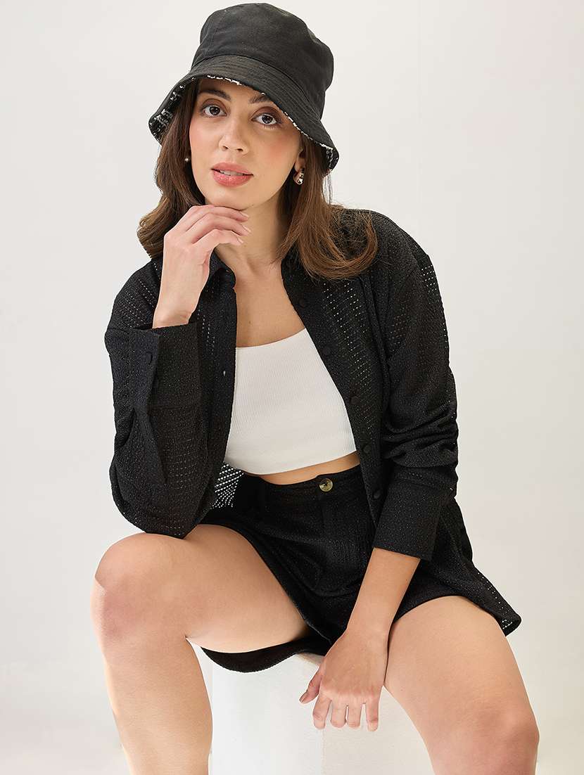 globus women black collared neck cuffed sleeves crochet shirt style top with shorts co-ords set - 21767538 - Standard Image - 2