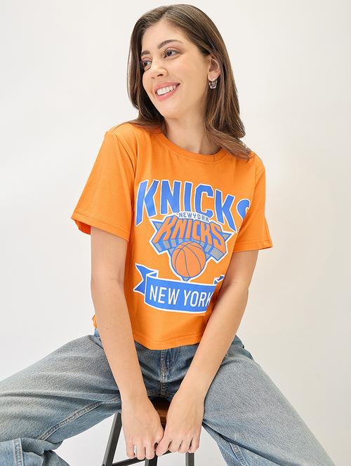 globus women orange typography printed round neck cotton oversized trendy crop t-shirt - 21767539 -  Standard Image - 0