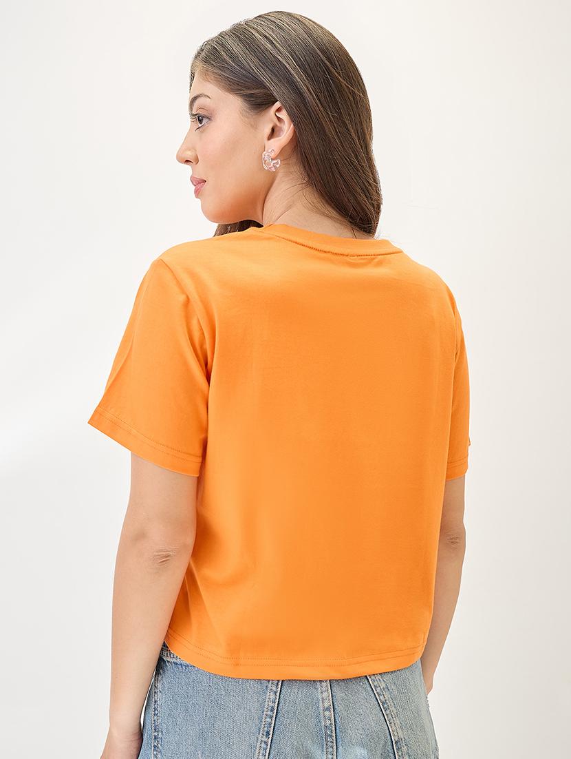 globus women orange typography printed round neck cotton oversized trendy crop t-shirt - 21767539 - Standard Image - 2