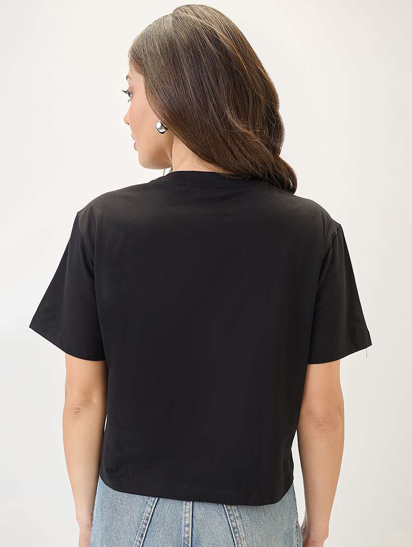 globus women black typography printed round neck cotton oversized trendy crop t-shirt - 21767540 -  Standard Image - 2
