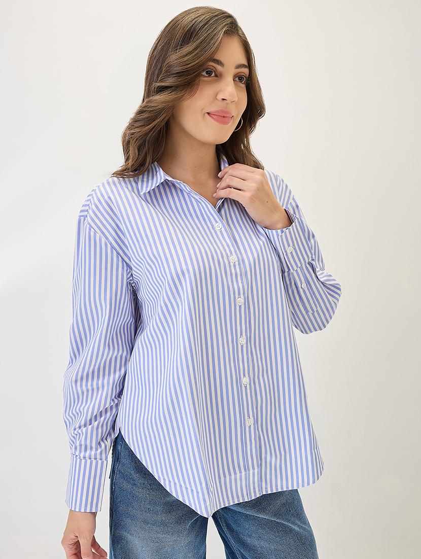 globus women blue cuffed sleeves vertical stripes curved hem workwear shirt - 21767542 -  Zoom Image - 0