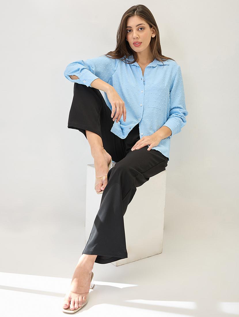 globus women blue cuffed sleeves self design chest pocket curved hem shirt - 21767548 - Standard Image - 2