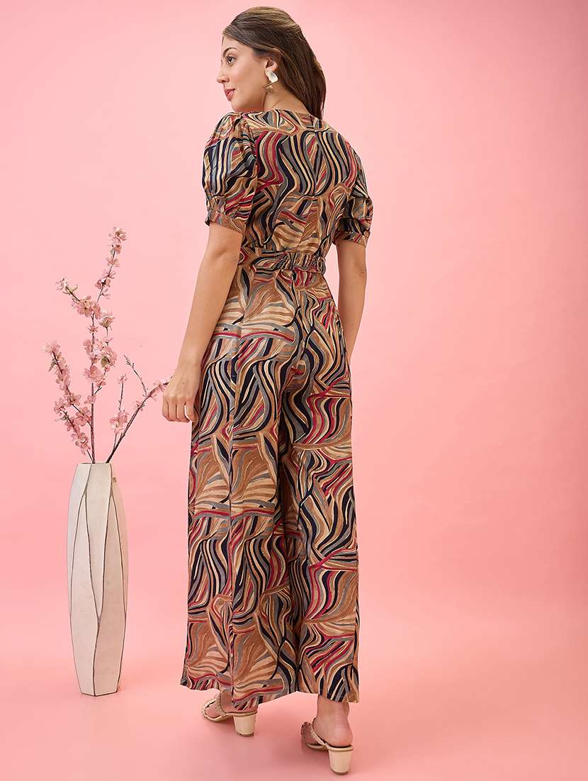 globus women multi-colour abstract print v-neck puff sleeves belted fusion jumpsuit - 21767549 -  Standard Image - 2