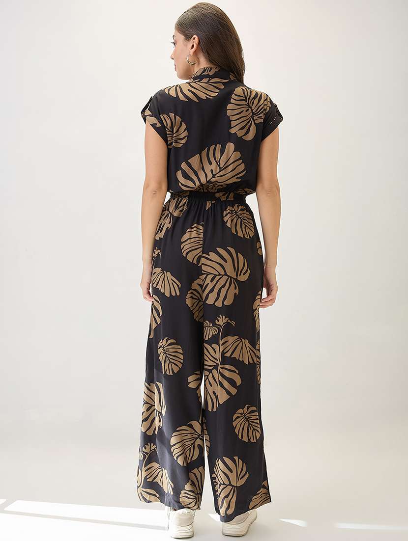 globus women black shirt collar extended sleeves tropical print cut out detail waist tie-up jumpsuit - 21767550 -  Standard Image - 2