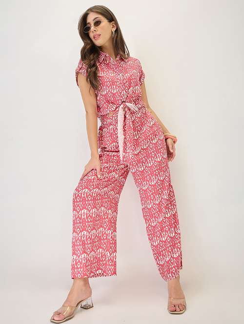 globus women pink shirt collar extended sleeves abstract print cut out detail waist tie-up jumpsuit