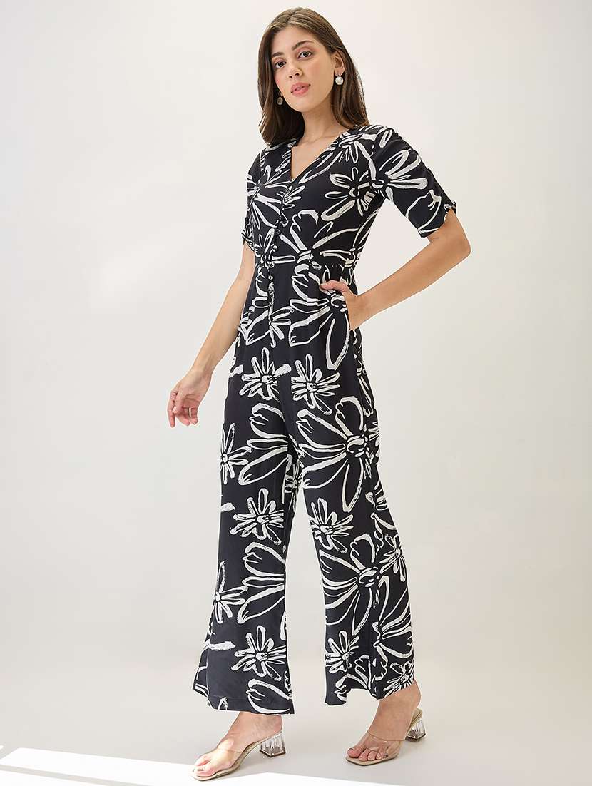 globus women black v-neck ruched sleeves floral print longline jumpsuit