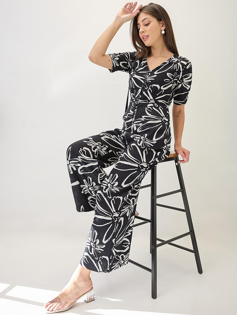globus women black v-neck ruched sleeves floral print longline jumpsuit - 21767552 - Standard Image - 2