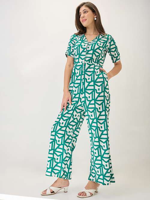 globus women green v-neck ruched sleeves abstract print longline jumpsuit - 21767553 - Standard Image - 0