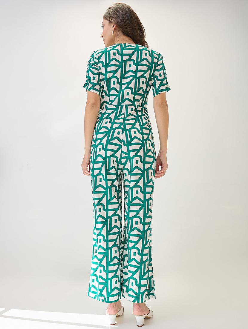 globus women green v-neck ruched sleeves abstract print longline jumpsuit - 21767553 - Standard Image - 2