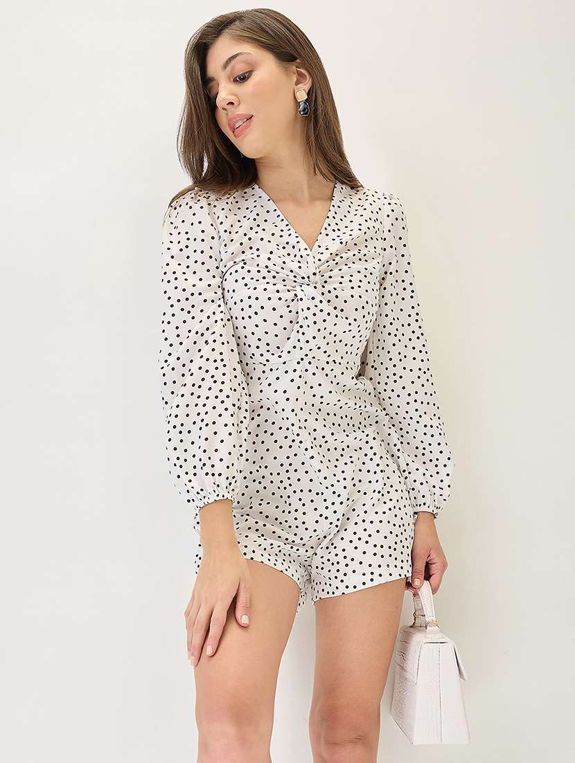 globus women white v-neck bishop sleeves twisted detail bishop sleeves polka-dot playsuit