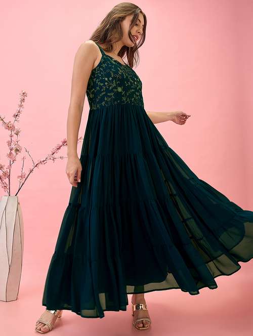 globus women teal strappy sleeves v-neck sequinned floral embroidered georgette a-line tiered maxi dress - 21767557 -  Standard Image - 0