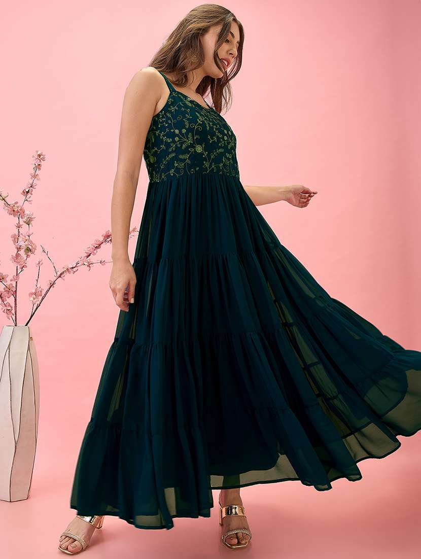 globus women teal strappy sleeves v-neck sequinned floral embroidered georgette a-line tiered maxi dress - 21767557 -  Zoom Image - 0