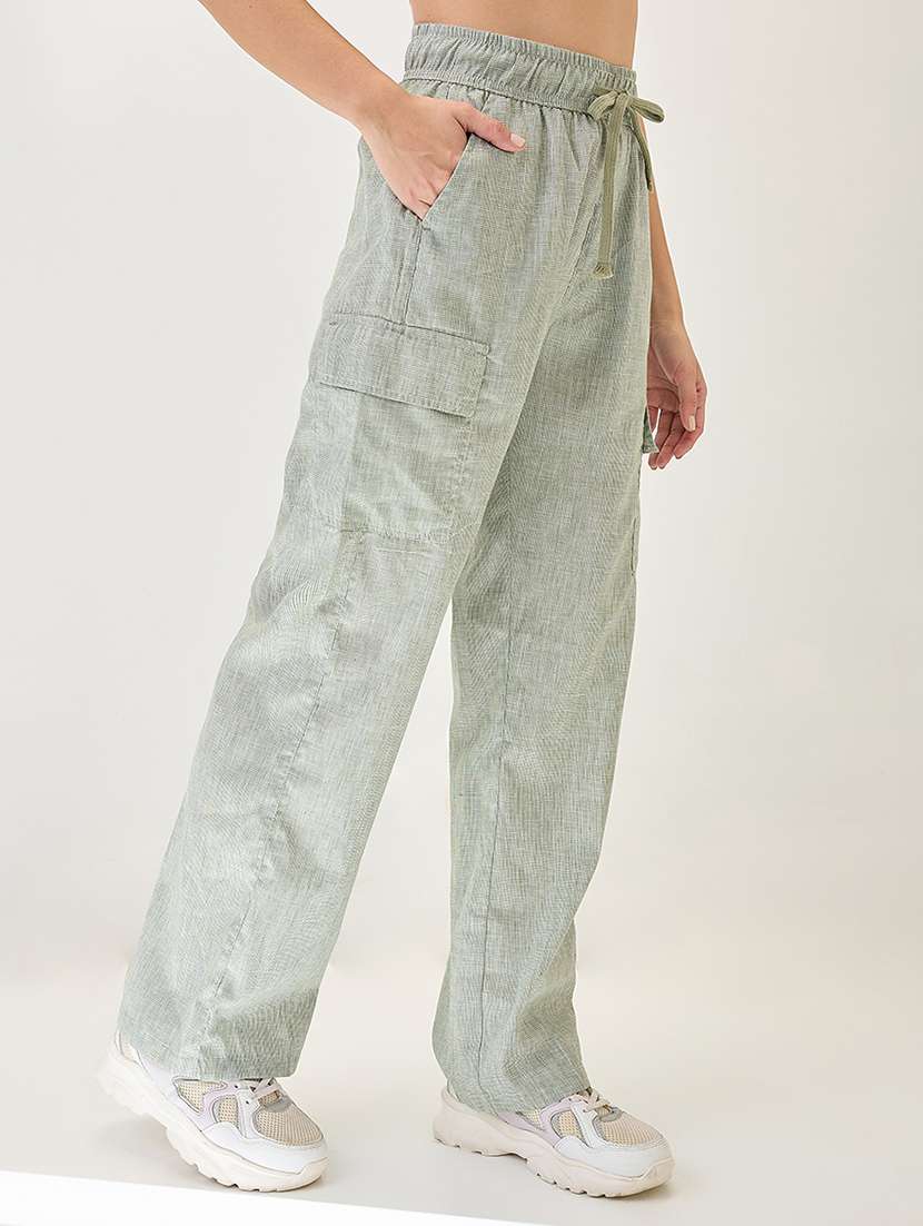 globus women light green self design checkered drawstring waist cargo trousers - 21767560 -  Standard Image - 2