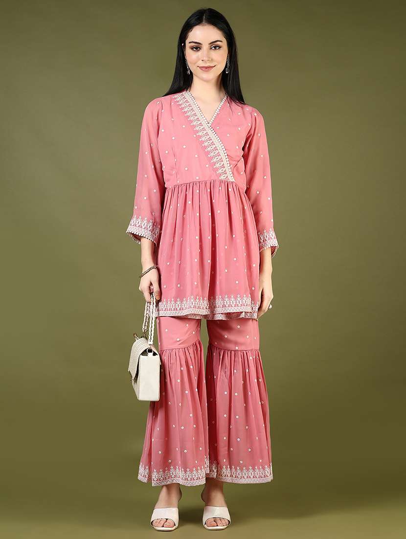 women embroidered angrakha kurta and printed sharara set