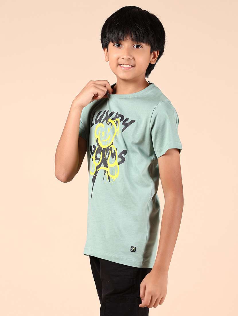 boys green front print round neck t-shirt - 21767731 - Standard Image - 2