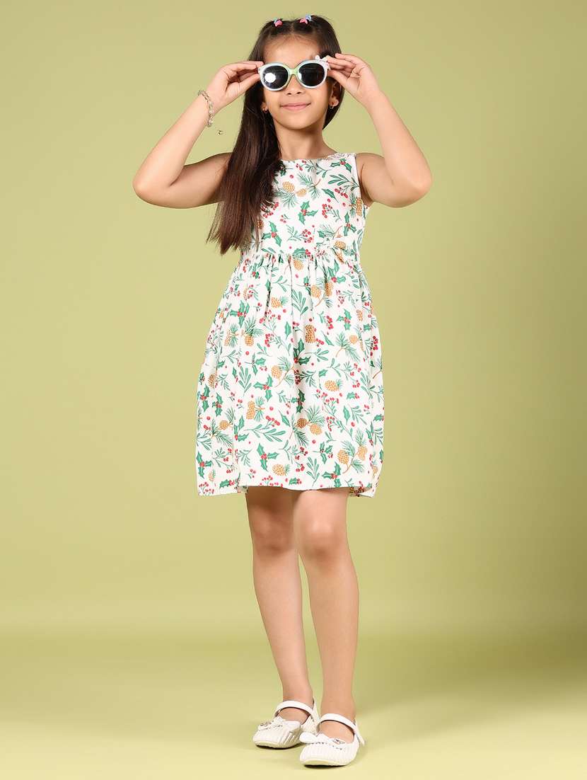 girls printed round neck sleeves frock