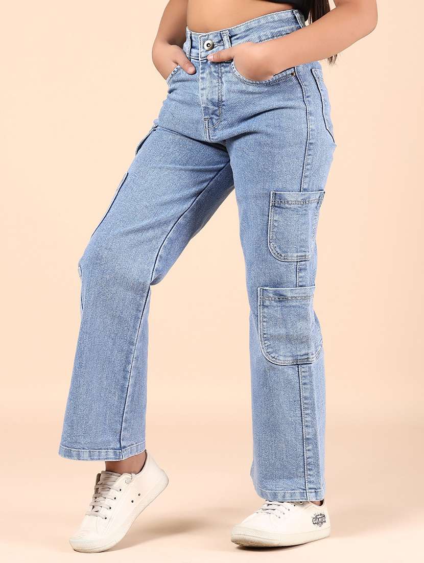 girls solid mid rise denim cargo - 21767874 - Standard Image - 2