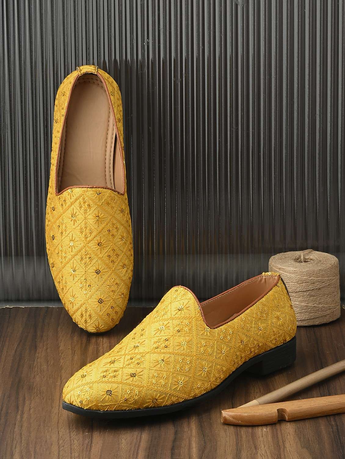 men yellow slip on mojari