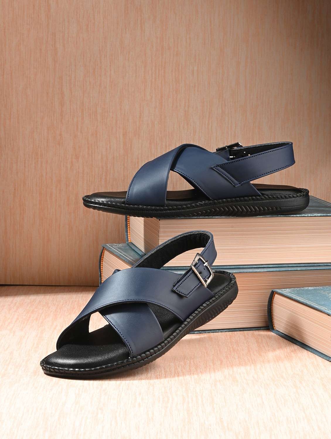men navy blue solid back strap sandal