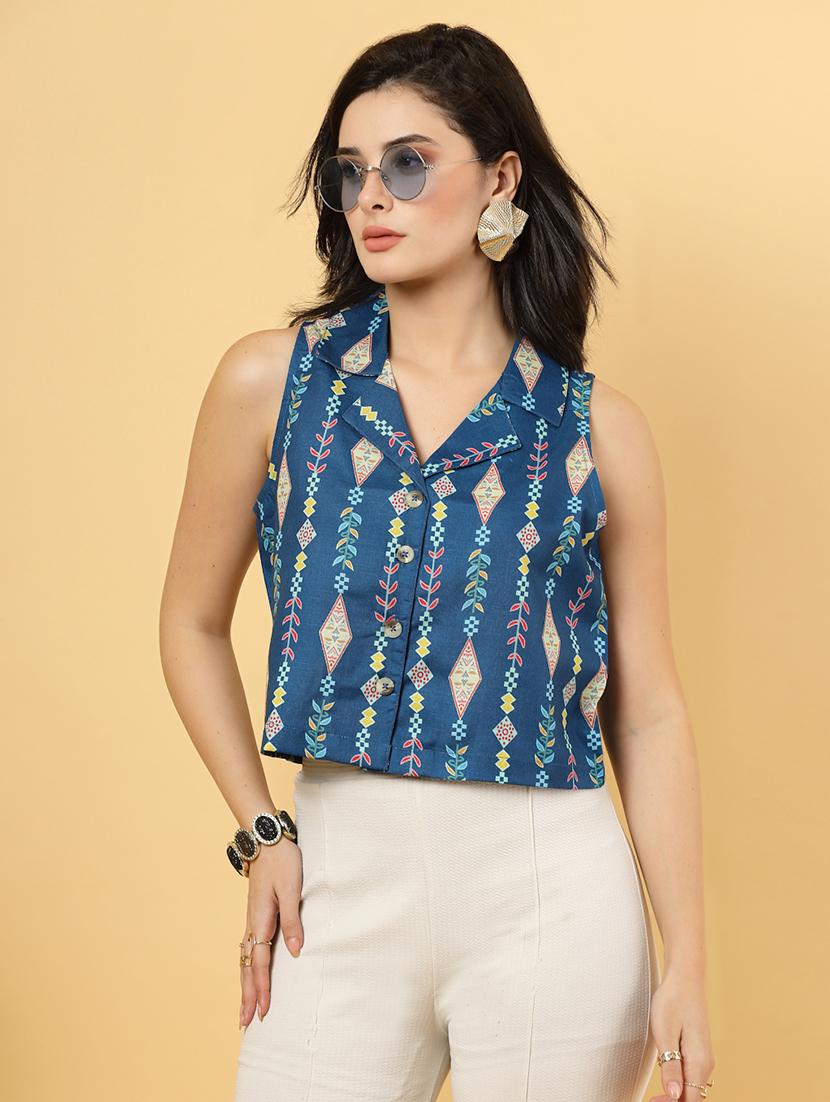 women blue printed sleeveless top