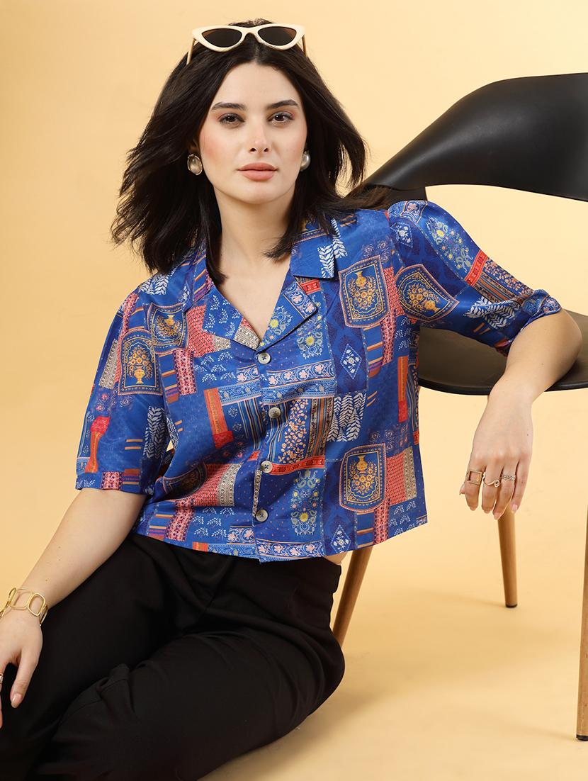 women blue printed short sleeve top - 21768063 -  Zoom Image - 0
