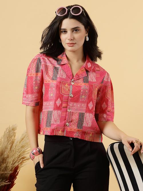 women pink printed short sleeve top - 21768064 - Standard Image - 0
