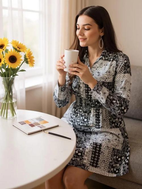 women printed collared long a-line dress - 21768151 - Standard Image - 0