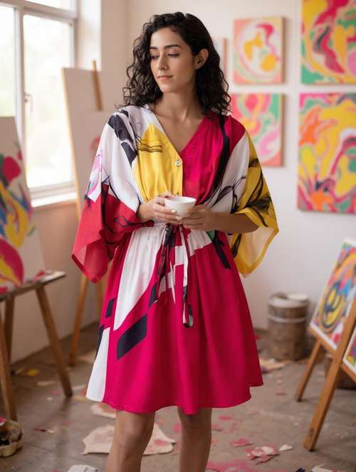 women printed kimono sleeves fit & flare dress - 21768154 -  Standard Image - 0