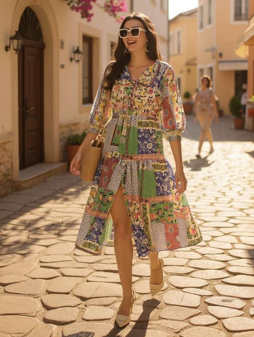 women printed three quarter sleeves tiered dress