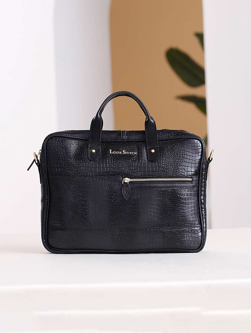 men leather zip closure laptop bag