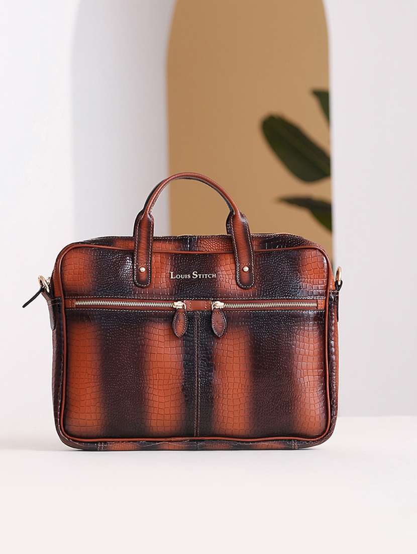 men leather zip closure laptop bag