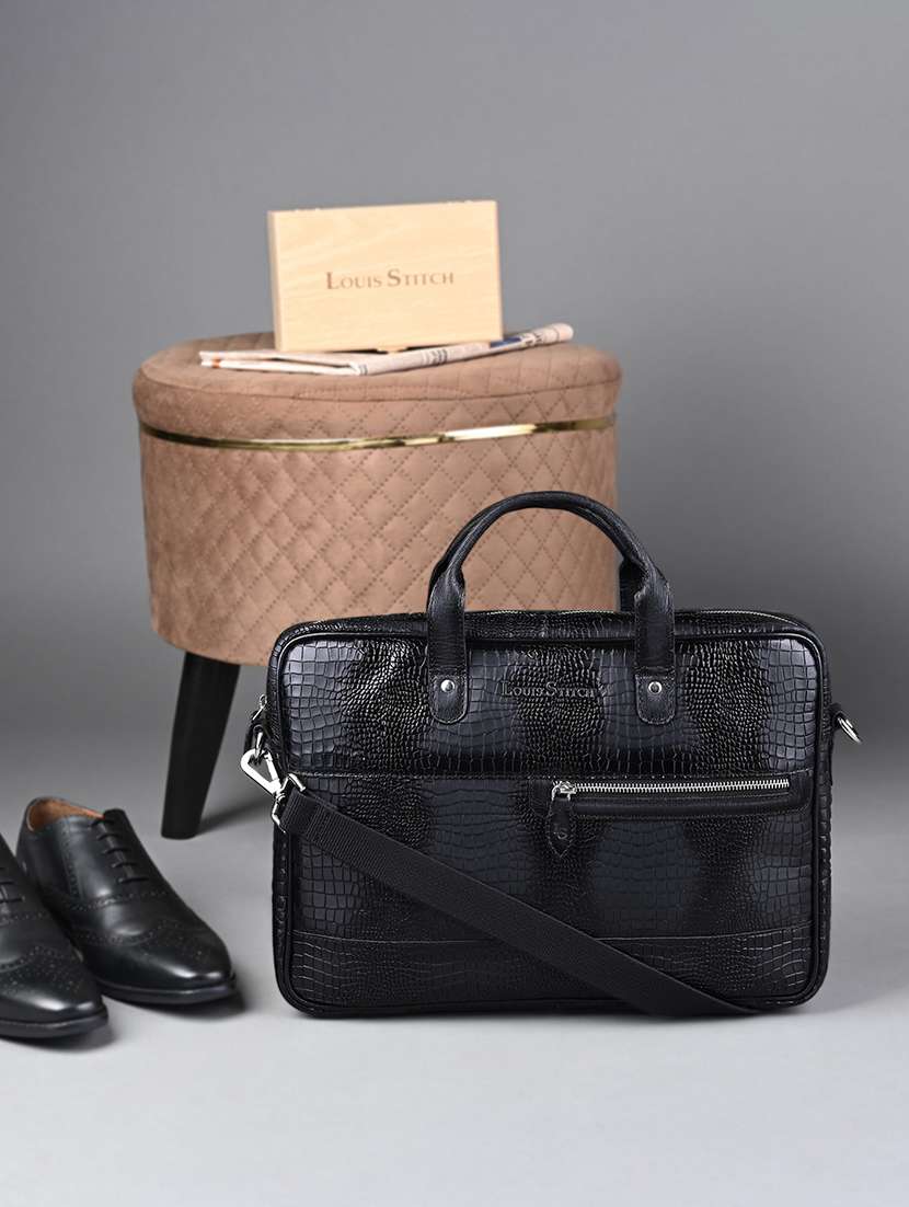 men leather zip closure laptop bag