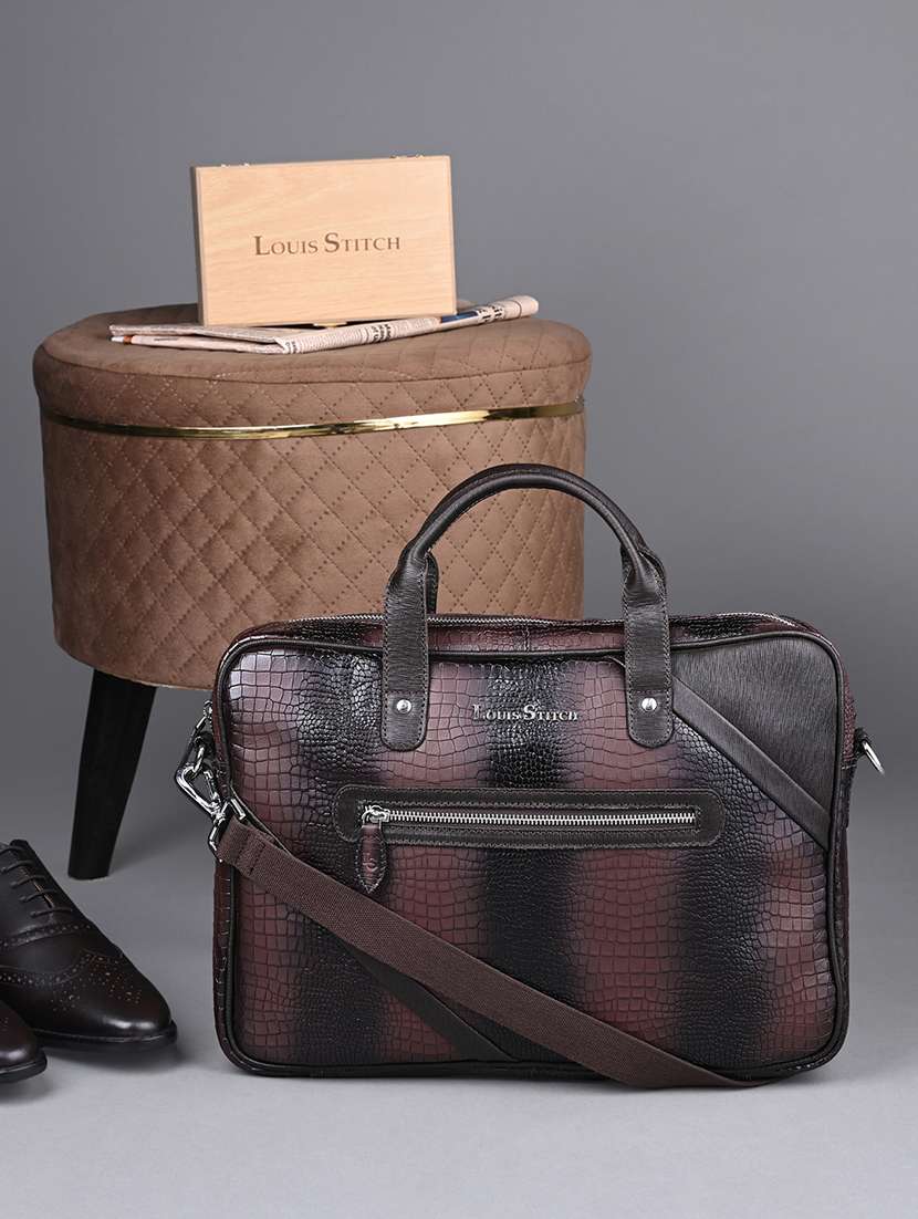 men leather zip closure laptop bag