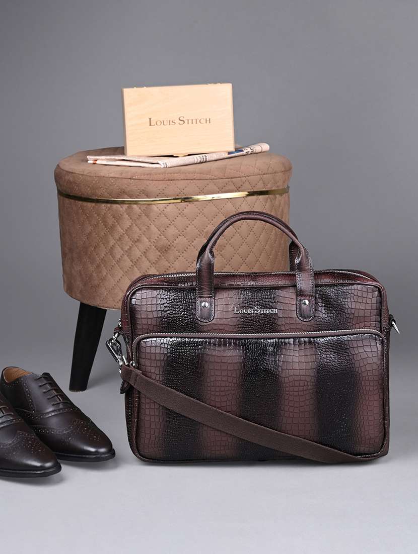 men leather zip closure laptop bag