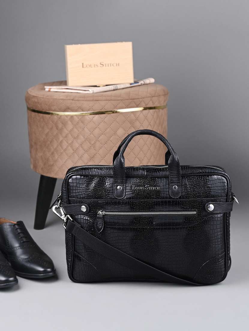 men leather zip closure laptop bag