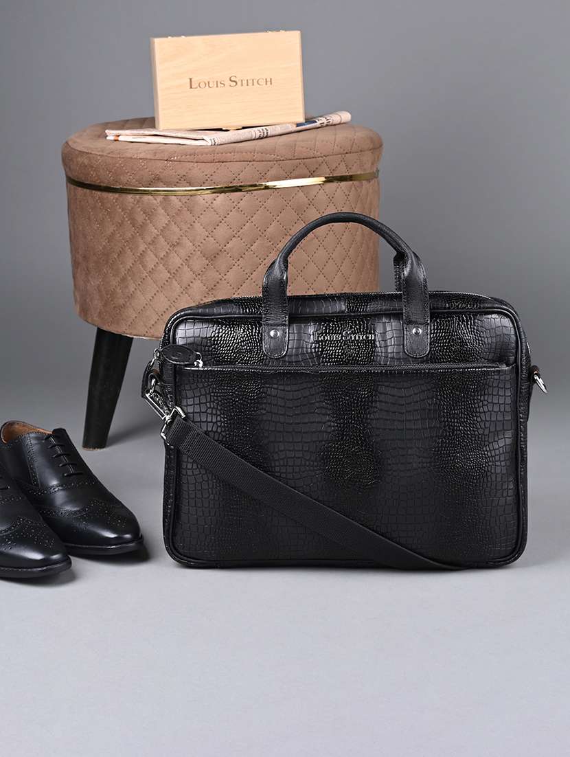 men leather zip closure laptop bag