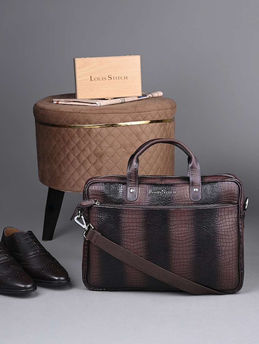 men leather zip closure laptop bag