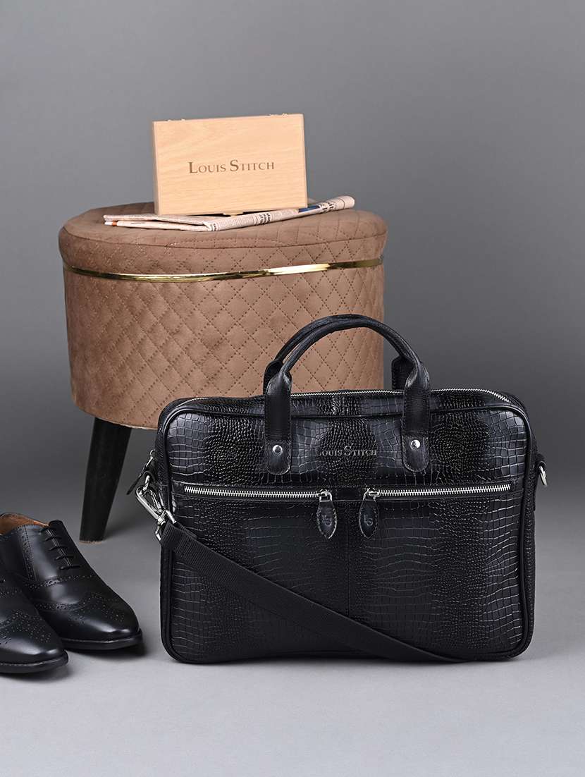 men leather zip closure laptop bag