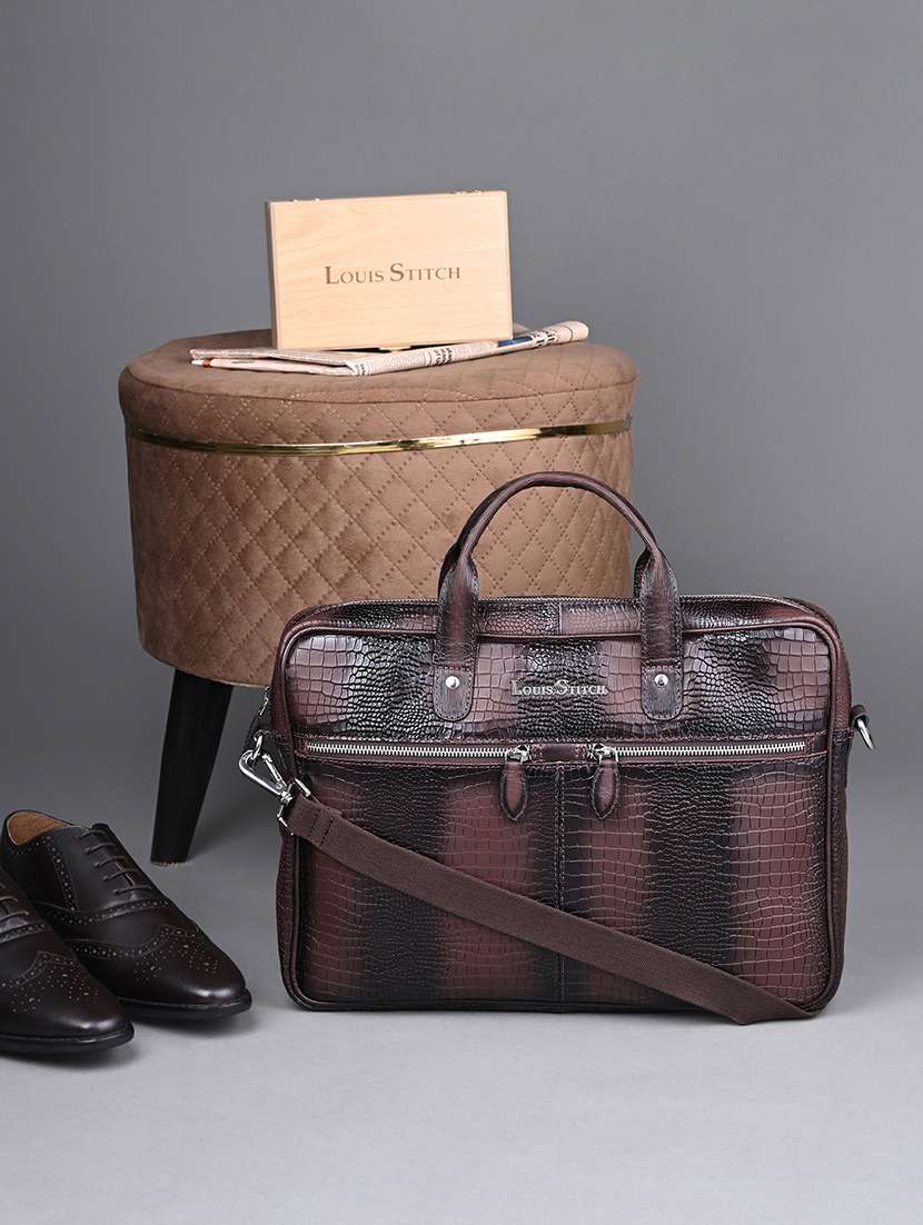 men leather zip closure laptop bag