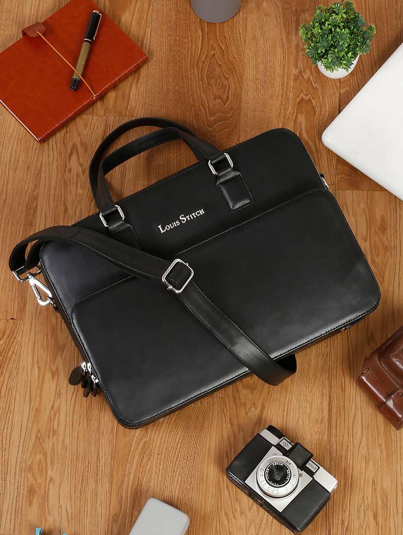 men leather zip closure laptop bag