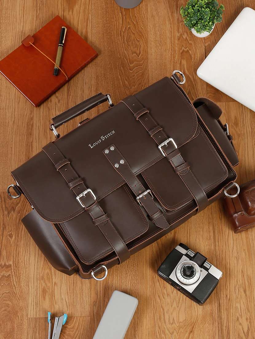 men leather zip closure laptop bag
