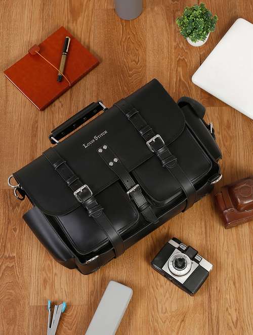men leather zip closure laptop bag