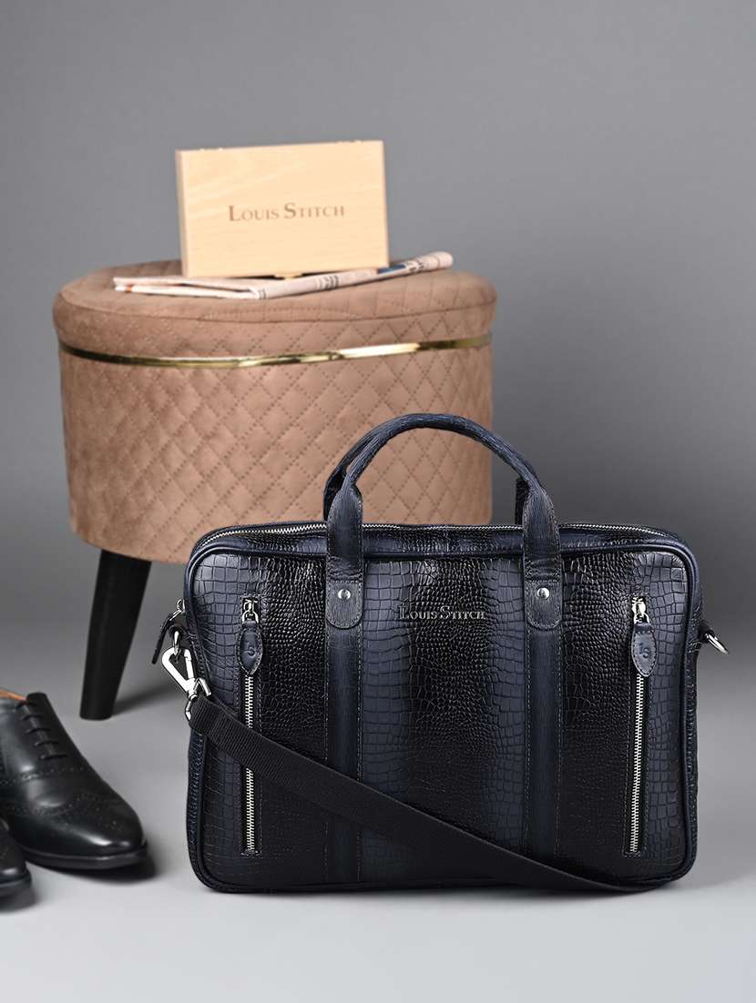 men leather zip closure laptop bag