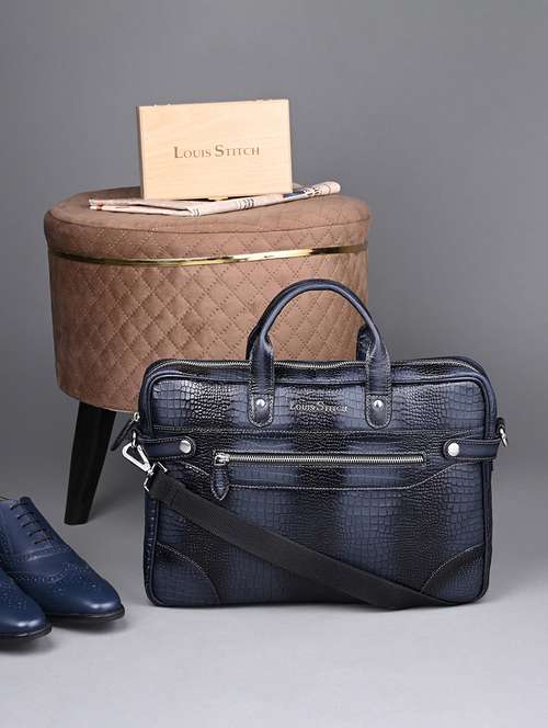 men leather zip closure laptop bag